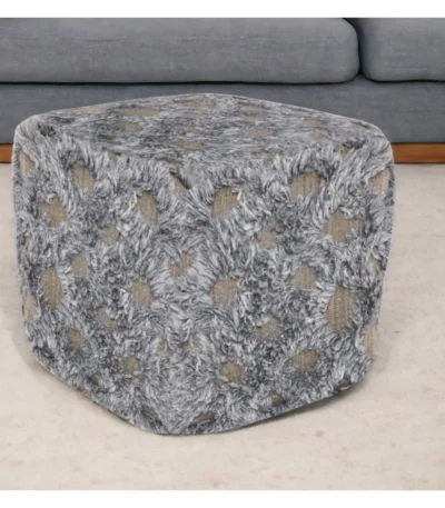 Goldoma 18-inch geometric pouf ottoman in natural and gray wool-cotton blend, perfect as a footrest or extra seat