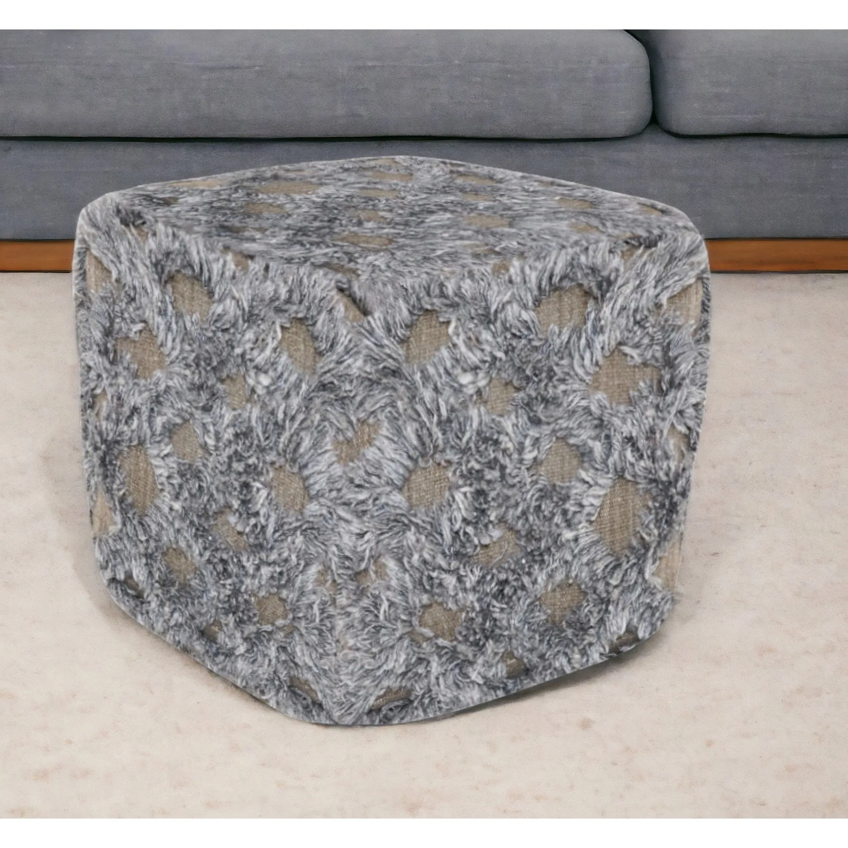 Goldoma 18" Natural and Gray Wool Cotton Blend Cube Geometric Pouf Ottoman