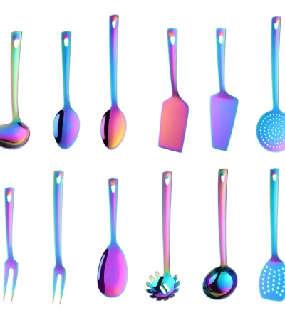 1PC Rainbow Stainless Steel Nonstick Kitchen Utensils Cooking Tool Long Serving Sets Scoop Spoon Fork Turner Ladle Cake