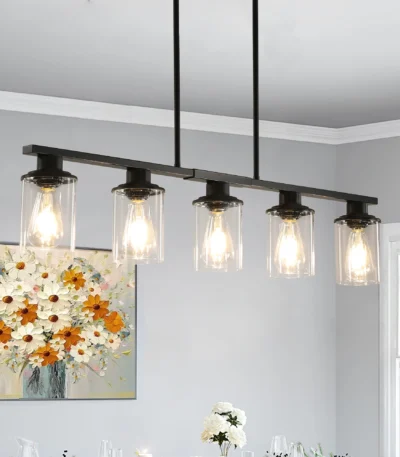 37" Modern Industrial 5-Light Chandelier with Clear Glass Shades,Matte Black Metal Frame Hanging Ceiling Light Fixture(No