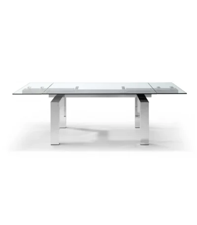 Goldoma 63-inch modern glass dining table with self-storing leaf and silver stainless steel pedestal base