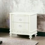 Ivory 2-drawer nightstand with ornate carving and curved legs for bedroom storage