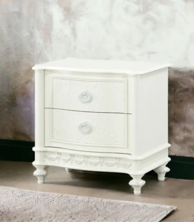Ivory 2-drawer nightstand with ornate carving and curved legs for bedroom storage