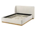 Goldoma queen boucle bed frame with white boucle upholstery and wingback headboard in a modern bedroom
