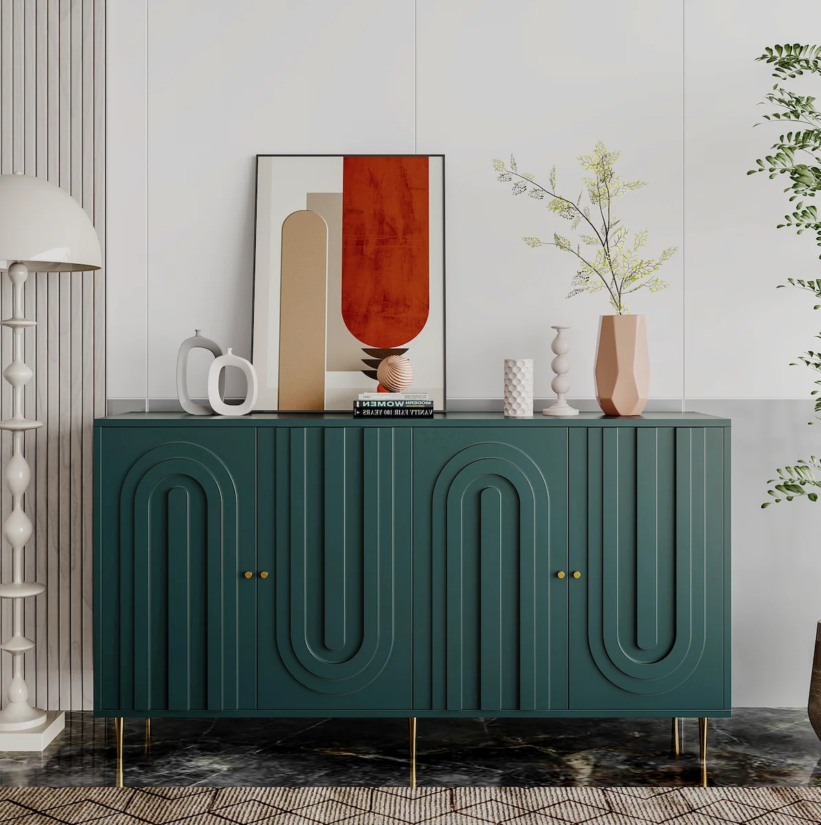 Hc7feb7911d1049a0b36717b670dba252i.webp Modern Green Lacquered 4 Door Wooden Cabinet Sideboard Buffet Server Cabinet Storage Cabinet, for Living Room, Entryway - Image 1