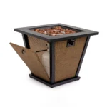 Outdoor gas fire pit column with dancing flames on a patio