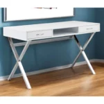 HMS 47" White and Silver Wood and Metal Computer Desk with Two Drawers and Shelf Portable and Simple Design for Hotels