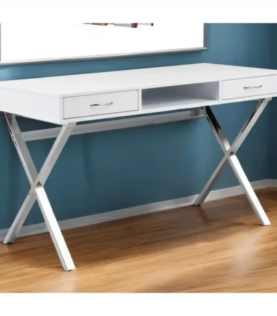 HMS 47" White and Silver Wood and Metal Computer Desk with Two Drawers and Shelf Portable and Simple Design for Hotels