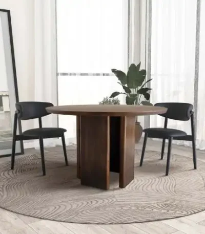 Modern Alden round solid wood dining table in walnut finish - eco-friendly and durable for dining room or kitchen