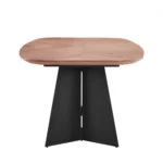 79-inch double pedestal dining table with walnut brown wood top and black steel base in a modern dining room setting