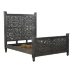 Goldoma Black Carved Floral Distressed Solid Wood Queen Bed Frame - elegant carved wood bed frame with intricate floral motifs and vintage black finish