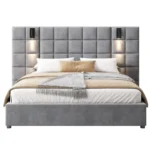 Goldoma queen velvet upholstered bed with built-in USB ports and reading lamp in modern bedroom setting