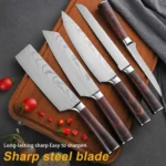 Five-piece Japanese kitchen knives set including paring, boning, butcher, bread, and chef knife on cutting board