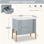 Modern fluted nightstand with 2 drawers, golden metal handles and legs, blue bedside table for bedroom
