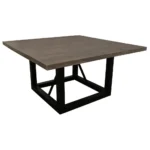 Goldoma 60-inch solid wood square dining table with dark brown distressed top and black iron legs in a rustic dining room