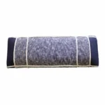 Blue gray upholstered bench with white legs in a living room setting