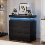 Modern LED nightstand with three drawers and blue glow in bedroom setting