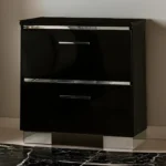 Modern nightstand with high gloss lacquer finish and chrome handles, featuring two drawers and adjustable feet