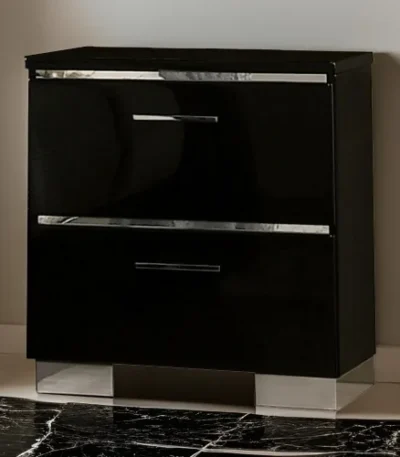 Modern nightstand with high gloss lacquer finish and chrome handles, featuring two drawers and adjustable feet