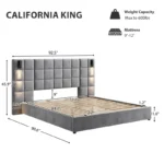 Goldoma California king upholstered bed frame with USB ports and wall sconces in gray velvet