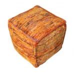 Orange cube pouf ottoman made from recycled silk and cotton blend, perfect as a footrest or accent seat