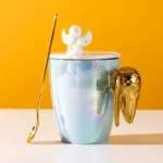 Creative Pearlescent Colored Ceramic Mug with Angel Wings, Coffee Cup with Lids, Cute Flower Tea Tazas Afternoon