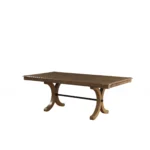 Goldoma 64-inch brown solid wood dining table with removable leaf and trestle base, set in a dining room