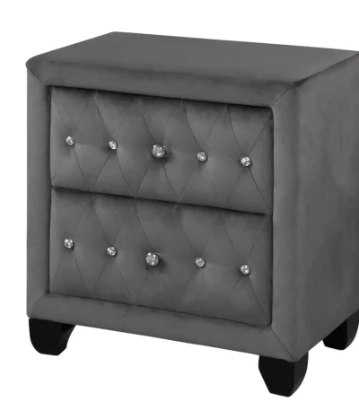 Crystal tufted velvet nightstand with two drawers and eco-friendly wood top in a modern bedroom setting