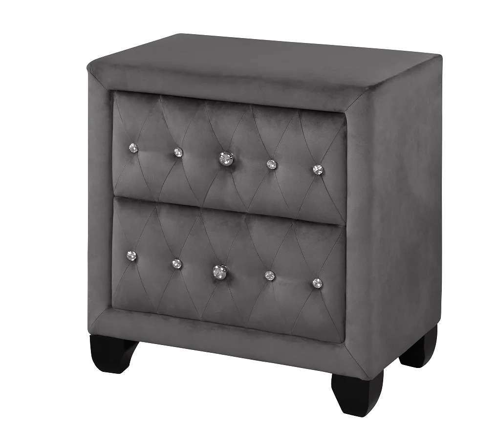 Hca6afa4908954a19acc1ea31b7c22466M.webp Crystal tufted velvet nightstand with two drawers and eco-friendly wood top in a modern bedroom setting