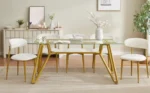 Antique Nordic modern dining table with tempered glass top and metal legs seating 6 people in a dining room