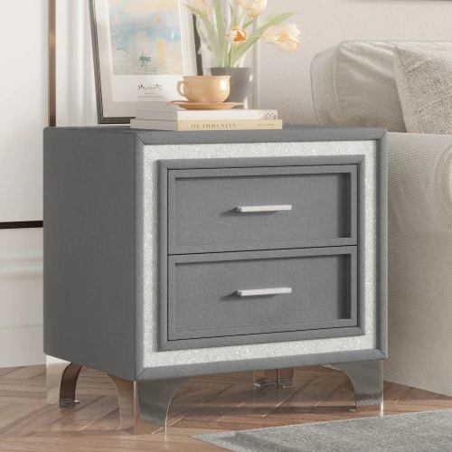 Hca84bcb534e247a88f9d5bd5214d2fabx.webp Modern velvet nightstand with silver glitter strip decor and two drawers, placed beside a bed in a bedroom