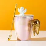 Creative Pearlescent Colored Ceramic Mug with Angel Wings, Coffee Cup with Lids, Cute Flower Tea Tazas Afternoon