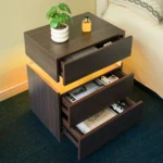 LED nightstand with drawers in walnut finish featuring acrylic board lighting for bedroom