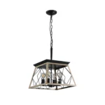 Goldoma 16-inch oak industrial 4-light pendant chandelier with metal cage, hanging over a wooden dining table in a