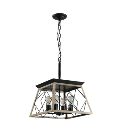 Goldoma 16-inch oak industrial 4-light pendant chandelier with metal cage, hanging over a wooden dining table in a