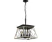 Goldoma 16-inch oak industrial 4-light pendant chandelier with metal cage, hanging over a wooden dining table in a