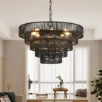 24" Rustic 5-Tier Black Hemp Rope Pendant Light Chandelier with 8 E12 Sockets,Boho Farmhouse Ceiling Fixture (Bulb Not