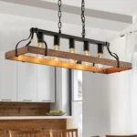 34 Inch Black and Walnut Wood Grain Pendant Light,5 E26 Bulb Sockets, Adjustable Chain Height,Modern Farmhouse Chandelier