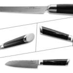 Damascus chef knife set with Pakka wood handles on cutting board
