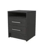 Modern black melamine nightstand with two drawers and shelf beside a bed in a bedroom