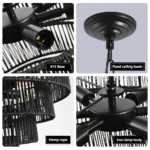 24" Rustic 5-Tier Black Hemp Rope Pendant Light Chandelier with 8 E12 Sockets,Boho Farmhouse Ceiling Fixture (Bulb Not