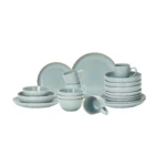 20 piece grey stoneware dinner set with plates and bowls on wooden table