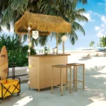 Hawaiian-style Bar Height Patio Set Outdoor Bar Table and Stools with Adjustable Feet, Acacia Wood Top, Natural