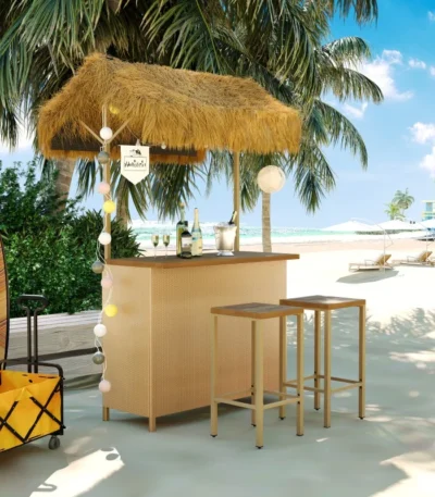 Outdoor bar table set with acacia wood top and 4 stools in a tropical patio setting