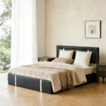 Goldoma full size lift up storage bed with adjustable LED lights and faux leather headboard in modern bedroom setting