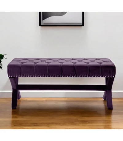 Goldoma 45-inch plum velvet upholstered storage bench with lift-up seat in a bedroom setting