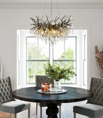 Modern black crystal chandelier with tree branch design in a living room