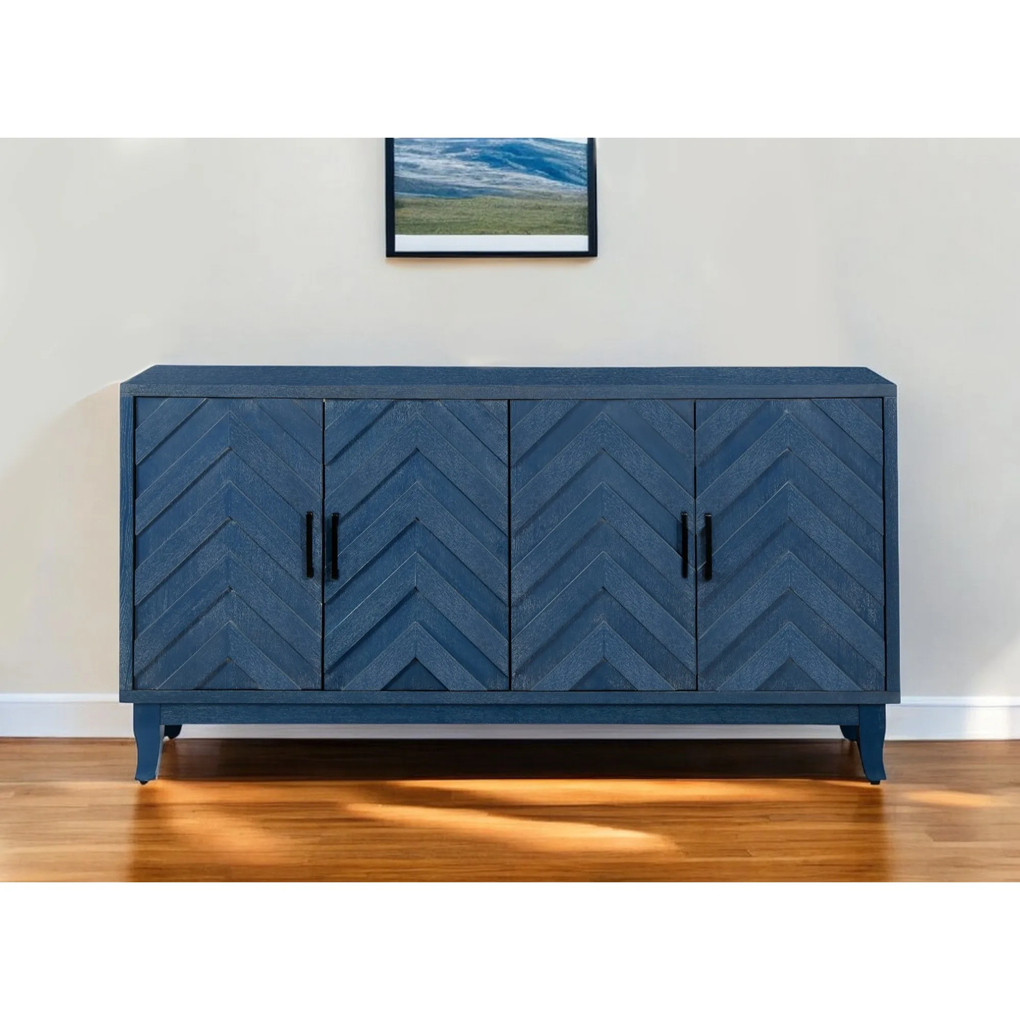Hcbe9a50af1714c7888f3f4c3d1559cf7h.webp HMS 60 Blue Textural Chevron Distressed Wood Sideboard with Four Doors - Image 1
