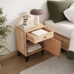 Solid wood nightstand with drawer and door in natural finish, Scandinavian style for bedroom storage