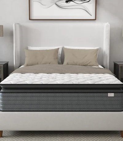 Goldoma Queen Isabella 14-inch hybrid mattress with memory foam and pocket springs, pillow top design in a bedroom setting